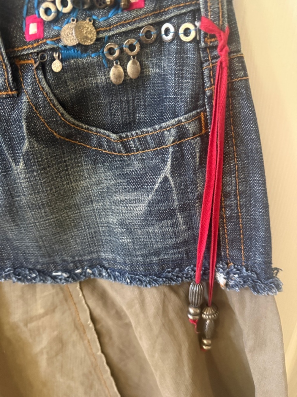 2K Miss Sixty Two-Tone Denim and Khaki A-Line Skirt with Embellished Accents Fun - Picture 5 of 6